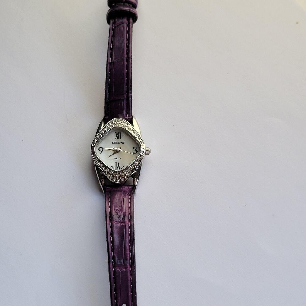 Geneva Womens Watch White Dial Crystal Bezel Purple Faux Leather Elite Quartz